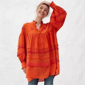 Anthropologie Jacqueline Orange Tiered Embroidery Tunic Top Size XS (oversized)